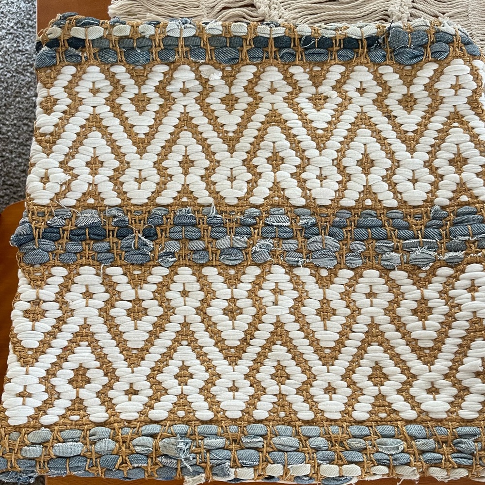 Boho natural fiber cushion covers. Natural 100% cotton back. Blue and tan woven